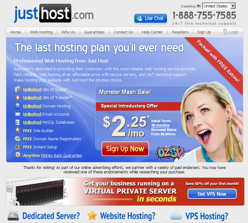 j justhost-万圣节主机3.3折/2.25美元每月送域名