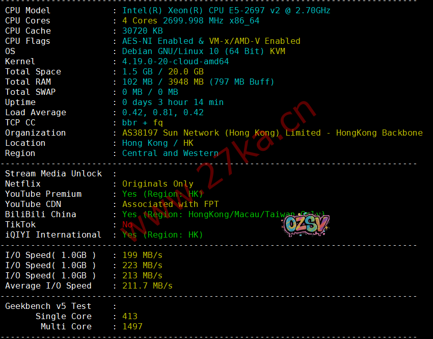 稳爱云香港CN2 GIA线路简单主机测评！香港二区（香港CN2大带宽VPS、不限流量）-欧站网